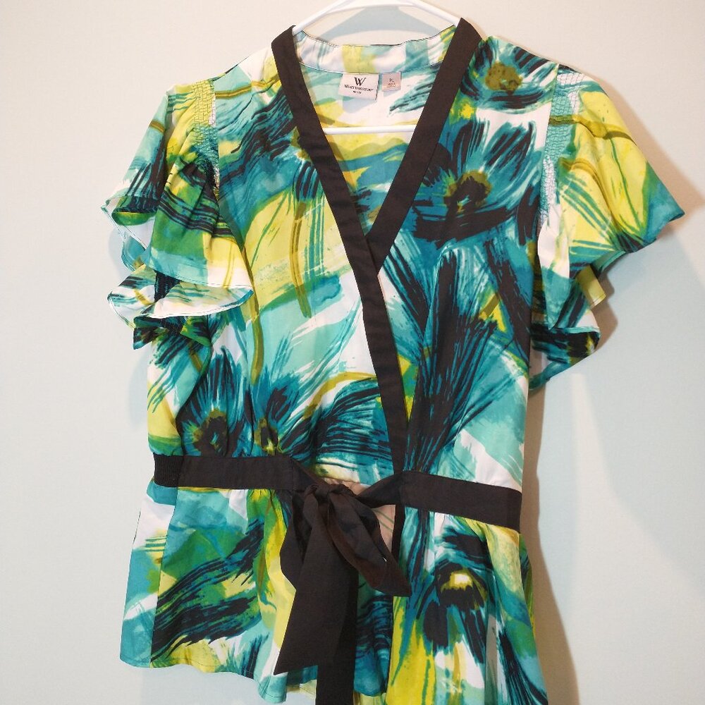 NWOT Worthington Teal & Yellow Blouse Size LP
